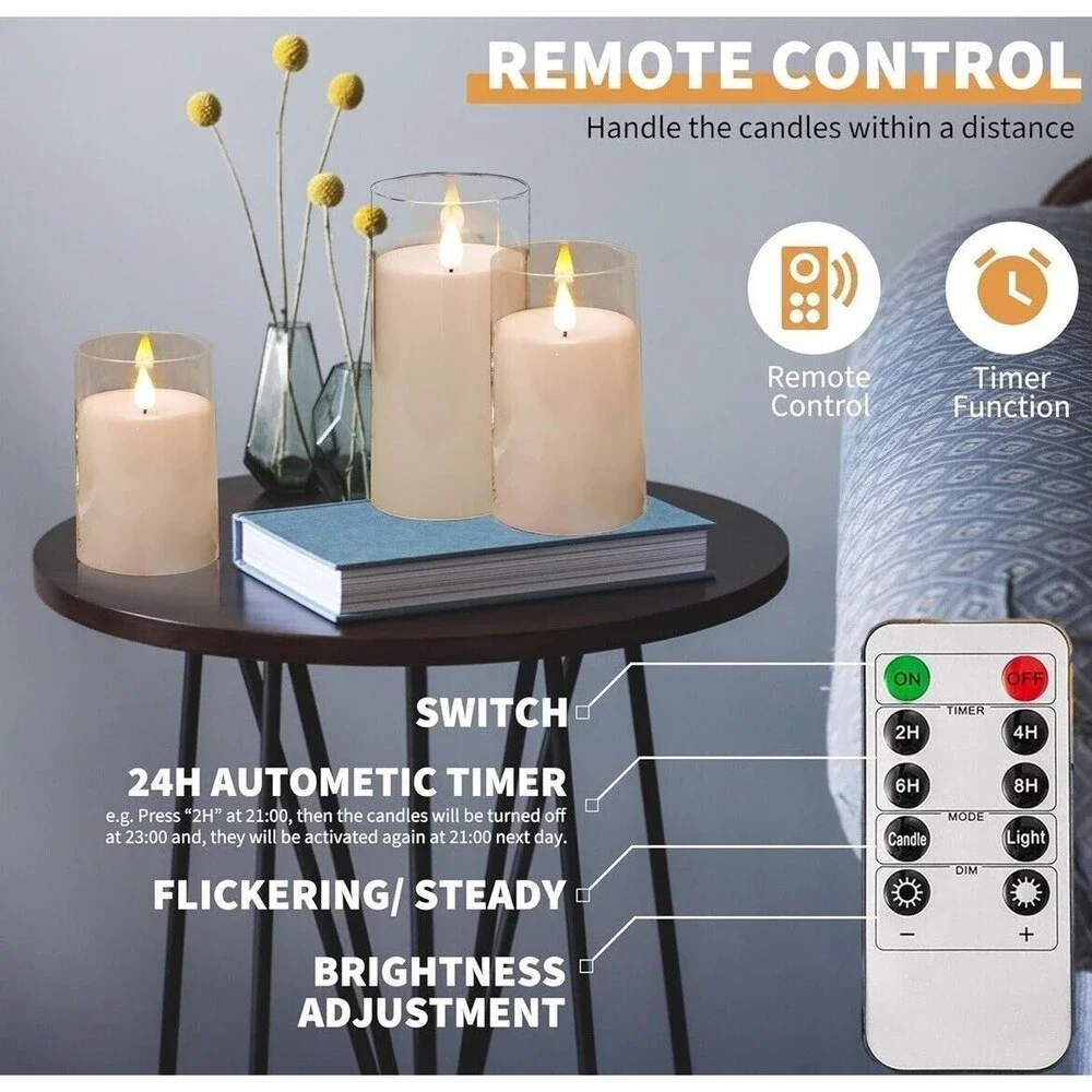 Set of 3 Acrylic Battery LED Flameless Flicker Candles Remote Timer Ivory Pillar